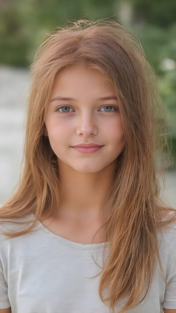 A (((full-body photograph))), with a slightly turned head, capturing a young girl with long, straight red soft hair and (almond skin) that exudes a (natural, almost translucent quality). She wears a light grey shirt, her lips are a (bright, furtive smile) that complements her face, which has a (tanned, almost white hue) that gives off an (extremely detailed, hyper-realistic glow). She wears a (soft, light-colored, airy, thin silk gown) that emphasizes her (extremely slim, hourglass figure). The picture is taken outdoors at a (very high resolution, 8K) level of detail and color quality that suggests (extreme clarity and extreme detail of the skin and its textures)