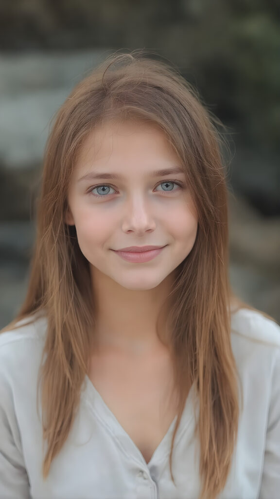 A (((full-body photograph))), with a slightly turned head, capturing a young girl with long, straight red soft hair and (almond skin) that exudes a (natural, almost translucent quality). She wears a light grey shirt, her lips are a (bright, furtive smile) that complements her face, which has a (tanned, almost white hue) that gives off an (extremely detailed, hyper-realistic glow). She wears a (soft, light-colored, airy, thin silk gown) that emphasizes her (extremely slim, hourglass figure). The picture is taken outdoors at a (very high resolution, 8K) level of detail and color quality that suggests (extreme clarity and extreme detail of the skin and its textures)