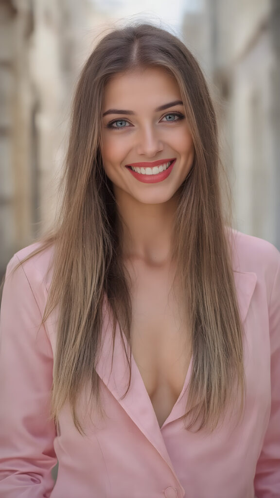 A (((full body shot))) of a (((beautiful girl))), with luxuriously flowing (((very long, straight light brown hair))), (intricate details around her eyes) that capture the light in a (dazzlingly bright and inviting glow), dressed in a ((modern, seductive pink silk blazer)), (highly detailed, seductive poses) that convey a sense of (fantasy sophistication). Her smile is wide and seductive, with perfectly (white teeth), and her lips are full and painted in (bright red lipstick). Her dress is made of (soft silk, in a luxurious round neckline and slit details) that give off a sense of (seduction). The backdrop is a beautiful, sunny street in Europe, where the architecture is ((intricate and elegant))