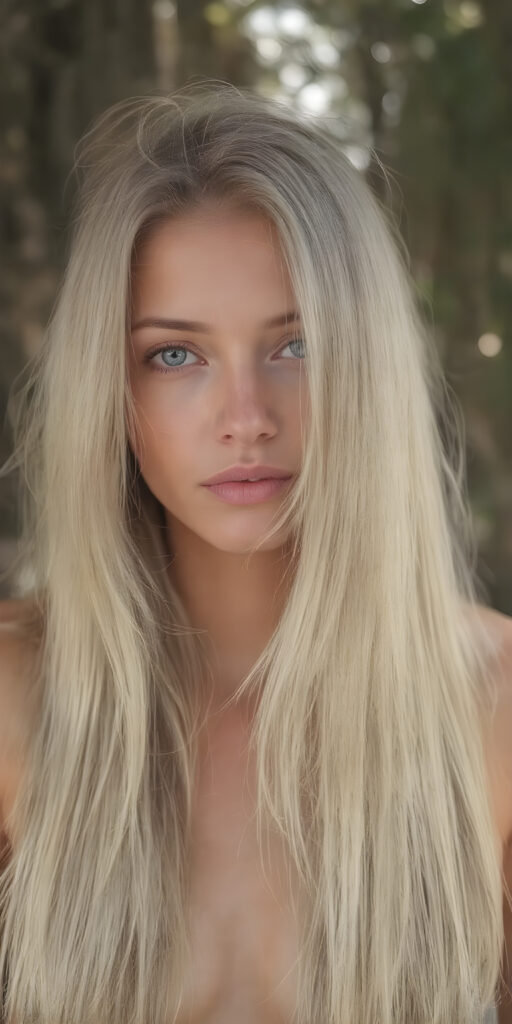 A (((full body image))) of a (((power girl))) with (((long, straight, thick, untucked natural white golden blonde hair))), framed by her (((natural skin))), which blends seamlessly into a (((softly detailed, intricate outdoor background))), capturing an (((8K resolution, ultra high definition image))), with a (((full color palette))), evoking a sense of (((hyperrealism))). The scene is highly detailed, with (((optical patterns and texture at the edge of her hair))) that mimic the look of natural light catching on her skin, giving off a glowing (((golden, warm glow))) that emphasizes her as an outdoor powerhouse