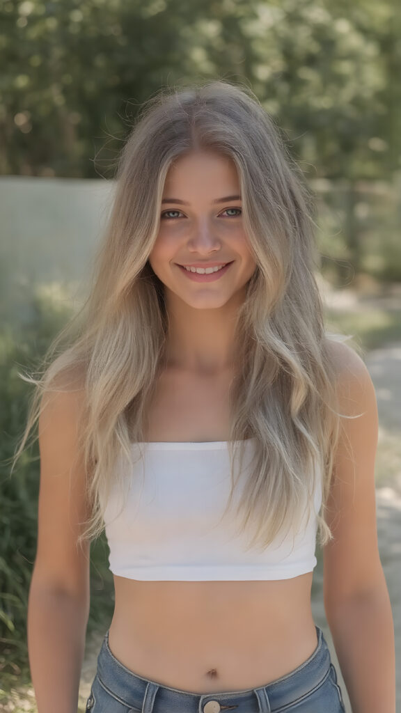 A (((full body view))) of a (((cute petite teen girl))), with long, soft (((wavy blonde hair))), gently waving with natural movement, dressed in a (((tight white (((cropped tank top))), and ((short denim jeans)), perfectly poised to convey a sense of youthful vitality and beauty at a (skinny yet muscular) 16-year-old level, her smile reflecting pure cuteness, beautifully hyper detailed to emphasize her (perfect curved body) amidst a backdrop of a sunny summer day