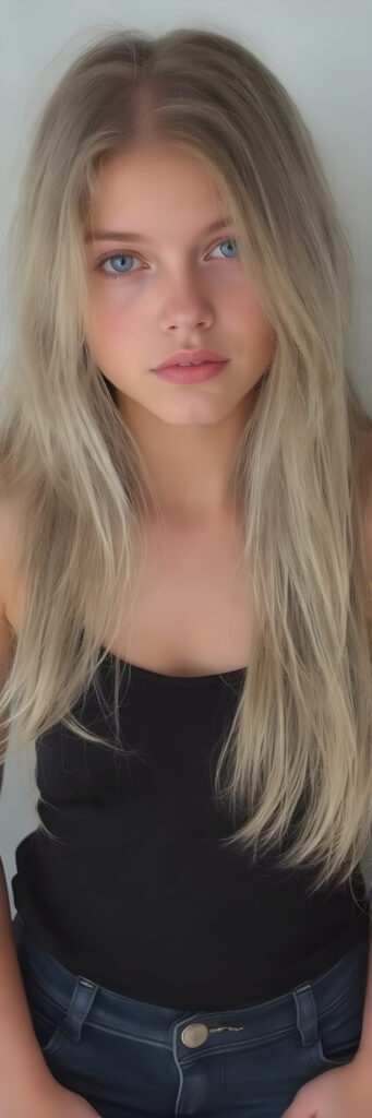 A (((full body image))) of a (((cute young babe))), age 18, with flowing (((long, white and blonde hair))), (((blue eyes))), and (((perfectly proportioned features))), dressed in a (((black thin tank top))), (((jeans pants))). The image captures her bare feet, showcasing her ((perfectly pedicured feet)). The soft, natural lighting accentuates her youthful beauty and the intricate details of her feet and legs.