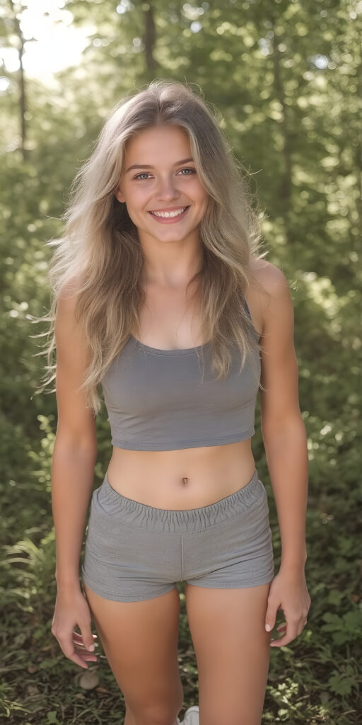 A (((full body view))) of a (((beautiful teen girl, around 17 years old, with long, wavy, dirty blonde hair and bright blue eyes))), who exudes a sense of strength and confidence, even at her young age. She's got a great smile on her face, one that perfectly complements her flawless complexion. Her smile radiates cheerfulness and happiness. She's not just beautiful on the exterior; her skin is clear and glowing, with a soft, natural-looking finish on her legs and arms. She's (((dressed in a tight, lifted, crop top tank and tight, moisture-wicking, grey shorts, and white shoes))), that accentuate her toned legs and reveal her slender thighs. She stands confidently in a (green forest), with the sun shining on her face and illuminating her every detail, from the tips of her hair to the soles of her shoes. The scene is reminiscent of a summer day at the park, filled with warm rays of light that bring a sense of tranquility and beauty to the scene