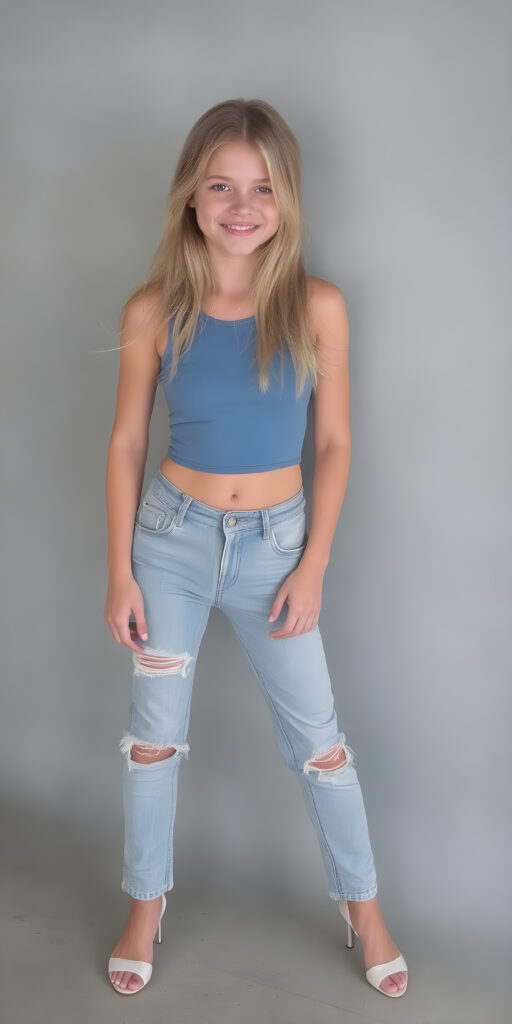 A (((full-body shot))) of a (((gorgeously cute))) young teen girl, with flowing, (((straight blonde hair))) and (((pale skin))), dressed in a (((blue, cropped top and matching, light blue and white torn denim jeans pants))), accessorizing with (((elegant, white, open toe heels))). She's posed confidently, with a warm smile directed at the viewer.