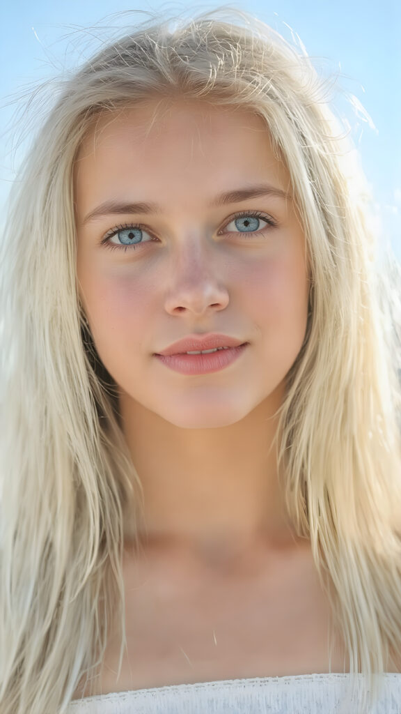 A (((full-body shot))) of a beautiful young adult girl, with (((extremely long, straight white hair (the hair extends far beyond her shoulders and flows down to her waist) and piercing blue eyes that reflect the sunlight around her face. She has (((perfectly sculpted white teeth, visible when she smiles. Her lips are full and painted in a (((bright red color) that accentuates her face. She wears a ((short tight white top)) and a ((white skirt that adds a touch of elegance and refinement. The girl poses (((against a backdrop of a (clear sunny sky))). The focus is on her face and shoulders, full body view. Perfect anatomy. Flawless skin. (((The girl has a flawless complexion and appears to be healthy and happy. Her hair is long, straight, smooth and shiny. The sun's rays shine on her face, illuminating any imperfections and highlights of her skin. The girl is fashionable dress, the outfit accentuates her youthful and innocent beauty.