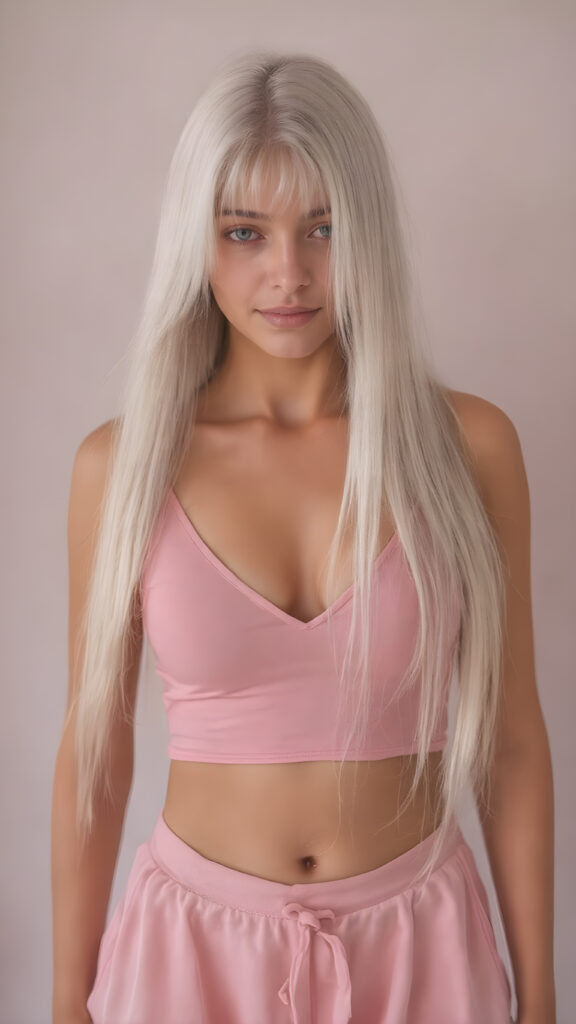 A (((full body shot))) of a (((super sweet and adorable busty girl))) with long, ((straight silk-smooth white hair)) in a (deep v-neck) pink crop top, and (tapered, flowing silky pants, you see her belly button) that convey a sense of (softness and elegance). Her complexion is (light brown), with (palely beautiful skin) that exudes a (healthy glow). Her expression is one of pure (cuteness) and she stands in a (softly backlit) position, facing the viewer with a (flawlessly smooth and detailed texture) that gives off a (fantastical, surrealistic atmosphere) reminiscent of a (fine art photograph)
