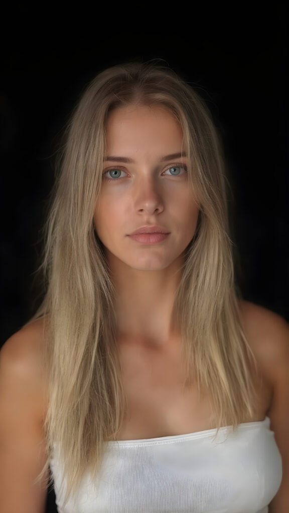 A (((full body view))), (((straight, long, thick, untucked natural white golden blonde hair))), which frames her ((slender, athletic, yet softly proportioned figure)), with a ((white off-the-shoulder crop top)) and ((realistic, detailed skin)), that complements her ((natural, warm tones)), and a ((black, empty backdrop)), in a ((cinematic warm tone) lighting) that highlights her face and hair, suggesting a (high-quality, professional lighting) on a (super-realistic, high-resolution set)