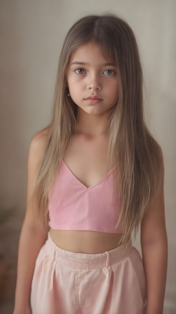 A (((full body shot))) of a (((super sweet and adorable girl))) with long, ((straight silk-smooth hair)) in a (deep v-neck) pink crop top, and (tapered, flowing silky pants) that convey a sense of (softness and elegance). Her complexion is (light brown), with (palely beautiful skin) that exudes a (healthy glow). Her expression is one of pure (cuteness) and she stands in a (softly backlit) position, facing the viewer with a (flawlessly smooth and detailed texture) that gives off a (fantastical, surrealistic atmosphere) reminiscent of a (fine art photograph)