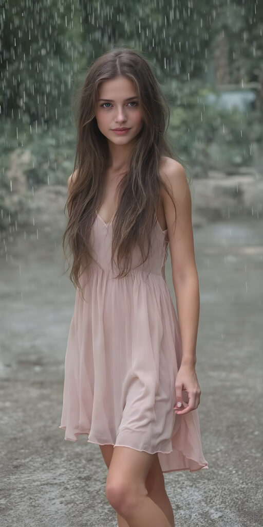 A (((full-body photograph))) of a (((beautiful girl))) with long, (((straight, thickly wavy hair))), and piercingly blue eyes, standing confidently amidst a (((heavy rain))) that completely covers her body, drenching her in a flowing summer dress that clings to her curves in all the right places and accentuates her naturally toned legs