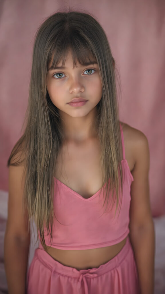 A (((full body shot))) of a (((super sweet and adorable girl))) with long, ((straight silk-smooth hair)) in a (deep v-neck) pink crop top, and (tapered, flowing silky pants) that convey a sense of (softness and elegance). Her complexion is (light brown), with (palely beautiful skin) that exudes a (healthy glow). Her expression is one of pure (cuteness) and she stands in a (softly backlit) position, facing the viewer with a (flawlessly smooth and detailed texture) that gives off a (fantastical, surrealistic atmosphere) reminiscent of a (fine art photograph)