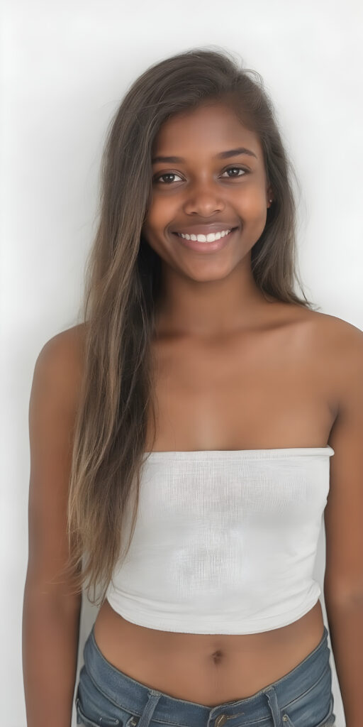A (((full body portrait))), with intricate details, capturing a (((beautiful young Exotic teen girl))) standing confidently in front of a (plain white wall), looking directly at the viewer. Her attire is a very short ((cotton crop top)), with the sleeves cut off, and she wears a tight ((short denim jean shorts)). Her (skin is brown), with a (moderately imperfect complexion) that exudes an air of youthful confidence. Her (long, thick brown hair) cascades down her back in a (soft, gentle cascade). She's (smiling happily)), with (perfect, naturally white teeth) that exude an air of youthful vibrancy. Captured in a (very high resolution, 8K photograph) that exudes an (extremely fine detail) on her face and throughout the scene