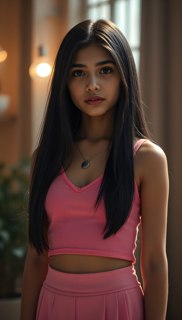 A (((full body shot))) of a (((super sweet and adorable adult petite Arab teen girl))) ((straight smooth obsidian black hair)) in a (deep v-neck) pink cropped tank top, and (tapered skirt) that convey a sense of (softness and elegance). Her complexion is (light brown), with (palely beautiful skin) that exudes a (healthy glow). She has a cute round belly button. Her expression is one of pure (cuteness) and she stands in a (softly backlit) position, facing the viewer with a (flawlessly smooth and detailed texture) that gives off a (fantastical, surrealistic atmosphere) reminiscent of a (fine art photograph)