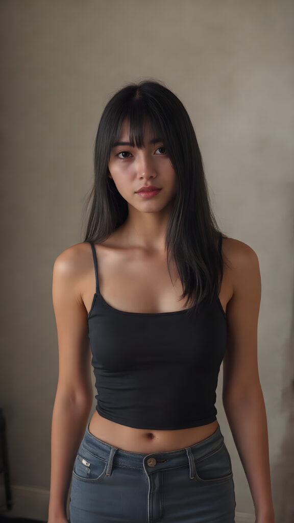 A (((full body shot))) of a (((beautiful Asian Vietnamese teenage girl))), a (((straight black soft hair model with exquisite features))), with brown eyes and (((a perfectly round face))) that exudes realism at an 8K resolution. Her (((upper body))), defined by a sleek, luxurious (((black suede tank top))), is proportioned flawlessly against her (((skin tight jeans and short, black high heels))), accentuating her (((perfectly proportioned figure))) with a (realistically detailed, dimly lit backdrop) that showcases her (((full body))) in a (highly detailed, hyper realistic) light