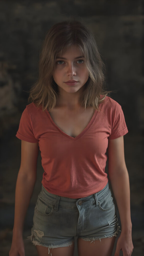 A (((full body view))) of a (((petite teen girl))), with a (((thin, yet shapely figure))), dressed in a ((short, tight, thin, V-neck cotton tee)) and ((tattered shorts)), standing in a (dimly lit space) where her seductive gaze meets the viewer's eye, exuding a sense of (extreme realism). Her focus on the viewer's face captures the essence of a perfect female body, with intricate details that make her look truly breathtaking