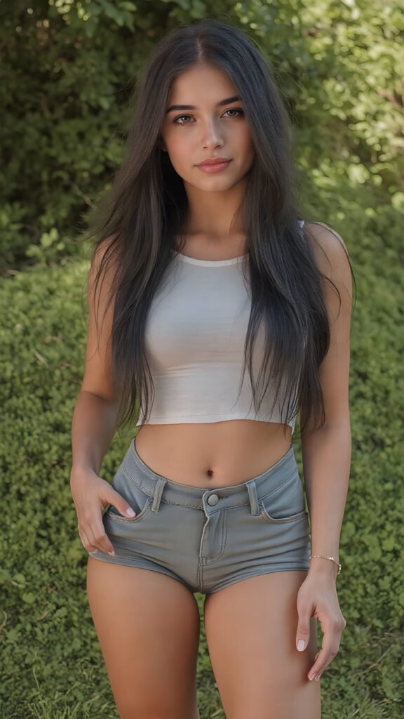 A (((full body view from above of a (((cute young tanned well-busty teen girl))) with long, flowing (((black hair))), framed by her (((skinny yet perfectly proportioned figure))), showcasing her (perfectly toned thighs and (beautifully shaped full hips and bum) in a (tight tank top and (trencher shorts - a cropped top and tight denim shorts)) (((standing confidently))) against (sunny, green backdrop)