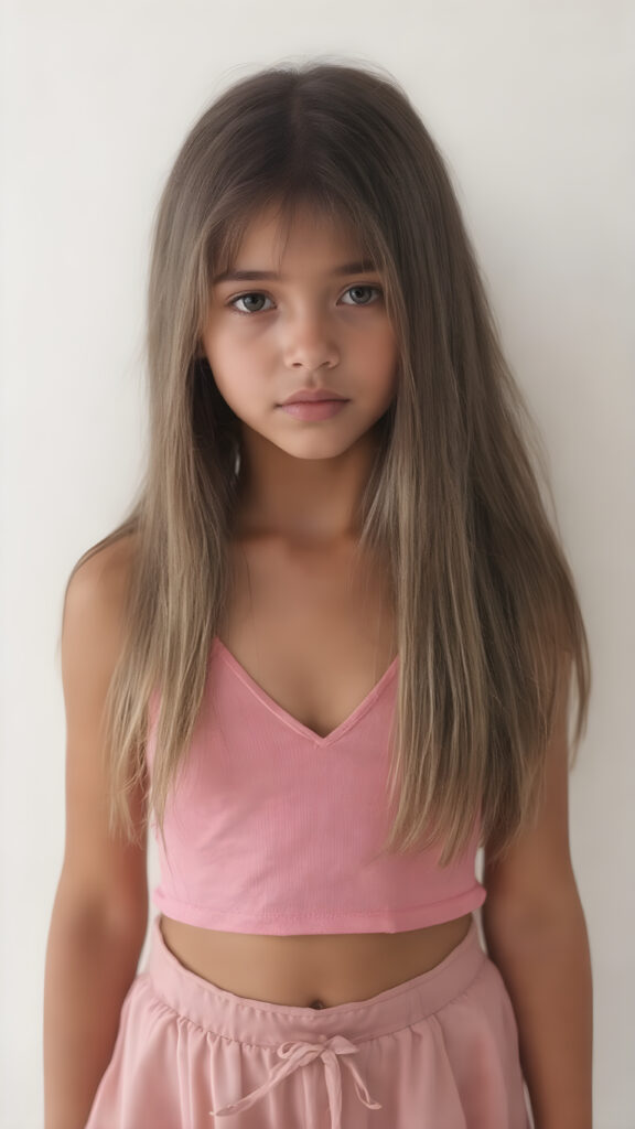 A (((full body shot))) of a (((super sweet and adorable girl))) with long, ((straight silk-smooth hair)) in a (deep v-neck) pink crop top, and (tapered, flowing silky pants) that convey a sense of (softness and elegance). Her complexion is (light brown), with (palely beautiful skin) that exudes a (healthy glow). Her expression is one of pure (cuteness) and she stands in a (softly backlit) position, facing the viewer with a (flawlessly smooth and detailed texture) that gives off a (fantastical, surrealistic atmosphere) reminiscent of a (fine art photograph)