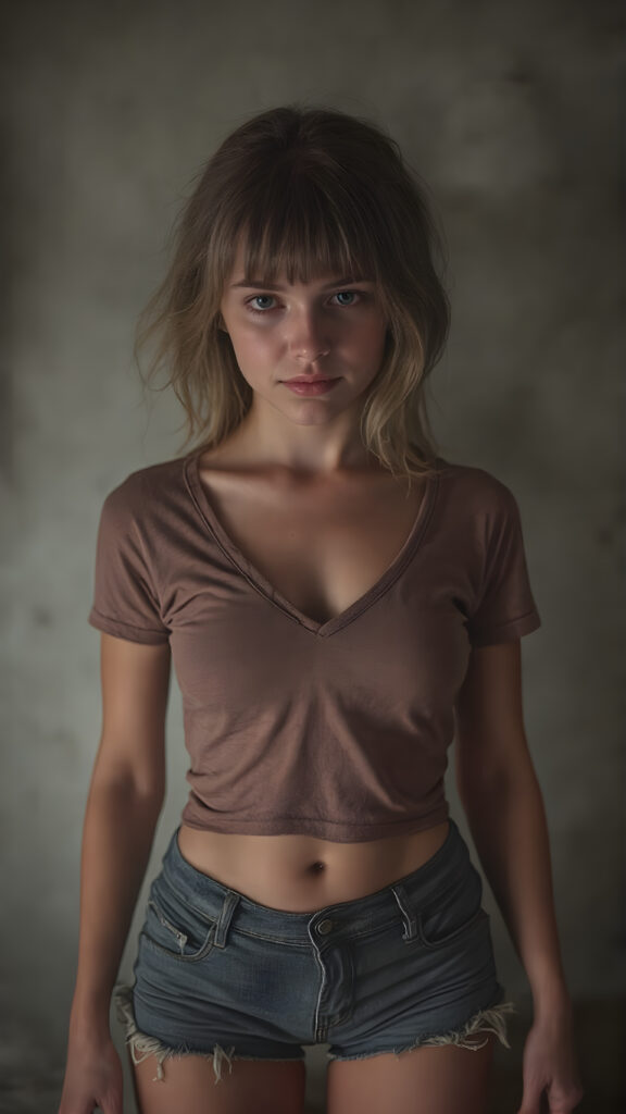 A (((full body view))) of a (((petite teen girl))), with a (((thin, yet shapely figure))), dressed in a ((short, tight, thin, V-neck cotton tee)) and ((tattered shorts)), standing in a (dimly lit space) where her seductive gaze meets the viewer's eye, exuding a sense of (extreme realism). Her focus on the viewer's face captures the essence of a perfect female body, with intricate details that make her look truly breathtaking