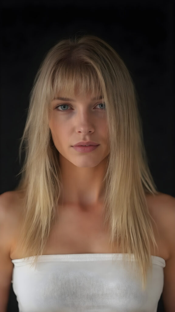 A (((full body view))), (((straight, long, thick, untucked natural white golden blonde hair))), which frames her ((slender, athletic, yet softly proportioned figure)), with a ((white off-the-shoulder crop top)) and ((realistic, detailed skin)), that complements her ((natural, warm tones)), and a ((black, empty backdrop)), in a ((cinematic warm tone) lighting) that highlights her face and hair, suggesting a (high-quality, professional lighting) on a (super-realistic, high-resolution set)