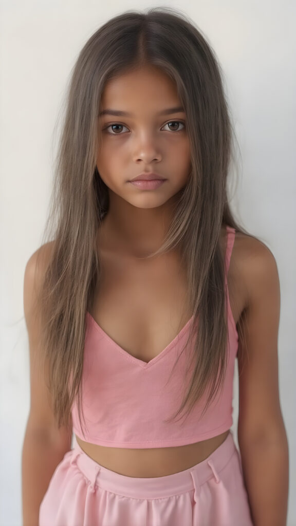 A (((full body shot))) of a (((super sweet and adorable girl))) with long, ((straight silk-smooth hair)) in a (deep v-neck) pink crop top, and (tapered, flowing silky pants) that convey a sense of (softness and elegance). Her complexion is (light brown), with (palely beautiful skin) that exudes a (healthy glow). Her expression is one of pure (cuteness) and she stands in a (softly backlit) position, facing the viewer with a (flawlessly smooth and detailed texture) that gives off a (fantastical, surrealistic atmosphere) reminiscent of a (fine art photograph)