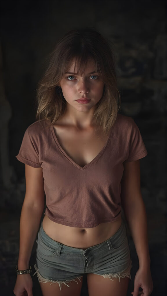 A (((full body view))) of a (((petite teen girl))), with a (((thin, yet shapely figure))), dressed in a ((short, tight, thin, V-neck cotton tee)) and ((tattered shorts)), standing in a (dimly lit space) where her seductive gaze meets the viewer's eye, exuding a sense of (extreme realism). Her focus on the viewer's face captures the essence of a perfect female body, with intricate details that make her look truly breathtaking