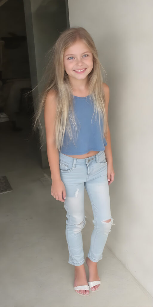 A (((full-body shot))) of a (((gorgeously cute))) young teen girl, with flowing, (((straight blonde hair))) and (((pale skin))), dressed in a (((blue, cropped top and matching, light blue and white torn denim jeans pants))), accessorizing with (((elegant, white, open toe heels))). She's posed confidently, with a warm smile directed at the viewer.