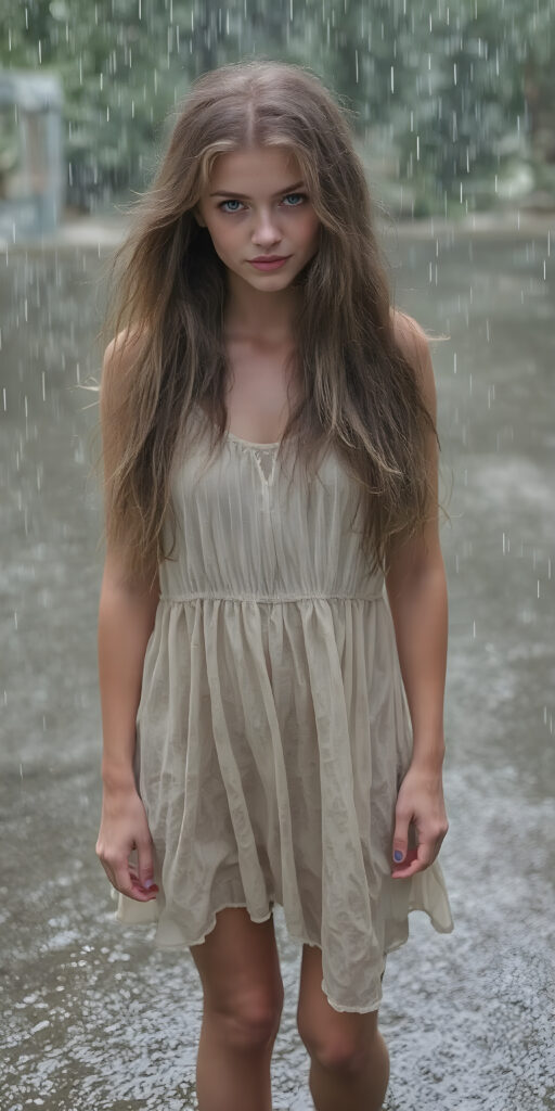 A (((full-body photograph))) of a (((beautiful girl))) with long, (((straight, thickly wavy hair))), and piercingly blue eyes, standing confidently amidst a (((heavy rain))) that completely covers her body, drenching her in a flowing summer dress that clings to her curves in all the right places and accentuates her naturally toned legs