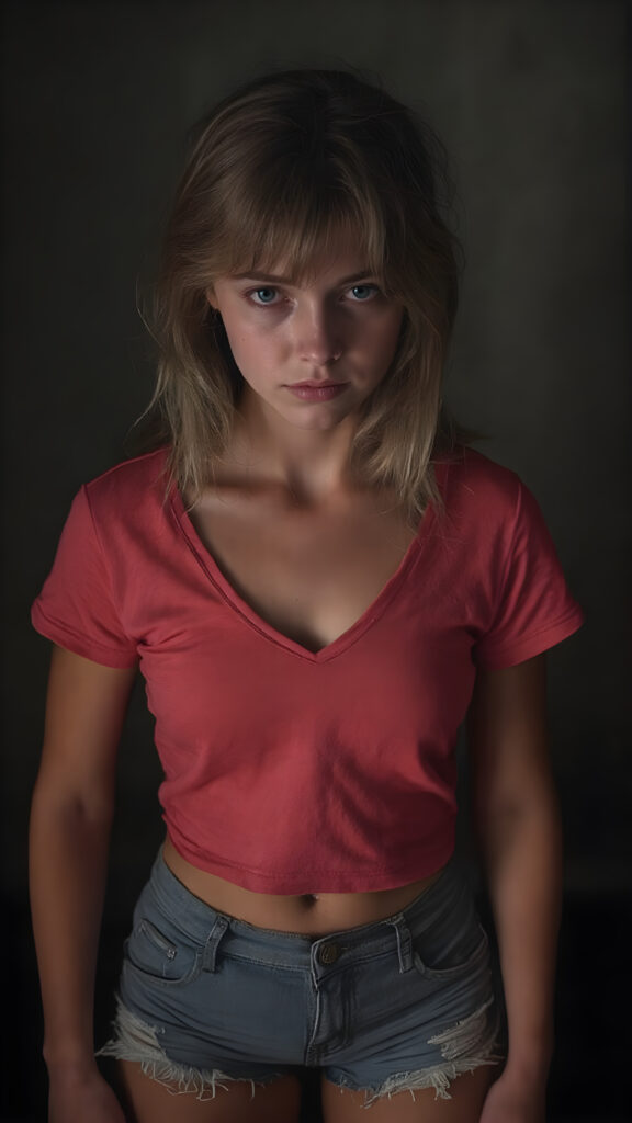 A (((full body view))) of a (((petite teen girl))), with a (((thin, yet shapely figure))), dressed in a ((short, tight, thin, V-neck cotton tee)) and ((tattered shorts)), standing in a (dimly lit space) where her seductive gaze meets the viewer's eye, exuding a sense of (extreme realism). Her focus on the viewer's face captures the essence of a perfect female body, with intricate details that make her look truly breathtaking