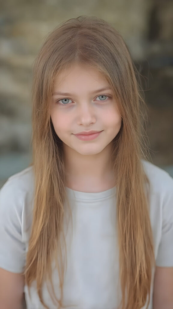 A (((full-body photograph))), with a slightly turned head, capturing a young girl with long, straight red soft hair and (almond skin) that exudes a (natural, almost translucent quality). She wears a light grey shirt, her lips are a (bright, furtive smile) that complements her face, which has a (tanned, almost white hue) that gives off an (extremely detailed, hyper-realistic glow). She wears a (soft, light-colored, airy, thin silk gown) that emphasizes her (extremely slim, hourglass figure). The picture is taken outdoors at a (very high resolution, 8K) level of detail and color quality that suggests (extreme clarity and extreme detail of the skin and its textures)
