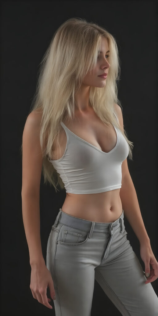 A (((full body image))) showcasing a beautifully busty (((teen girl with long, flowing black/white hair))), who exudes a sense of youthful vitality. Her legs and feet are exceptionally, with intricate details that match the high resolution and clarity of the overall image. She wears a (((a black/white thin tank top, deep v-neck, that emphasizes her slender and athletic form))). The low cut tank top provides a hint of a sculpted six pack and reveals her toned legs and toned feet. She wears the tank top with a matching pair of (((jeans pants))). The soft, natural lighting accentuates her youthful beauty. Standing in front of a white/black backdrop, side view