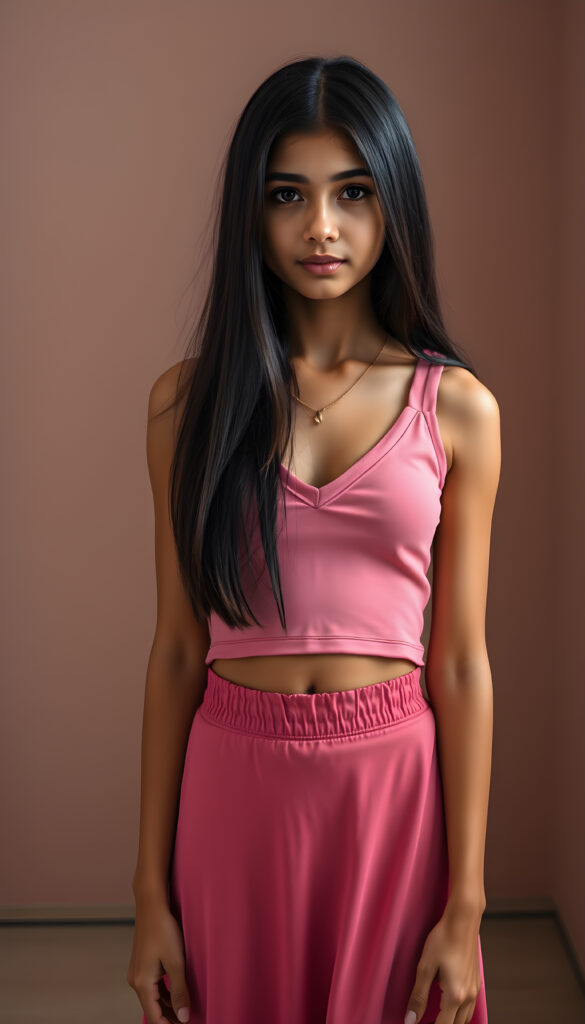 A (((full body shot))) of a (((super sweet and adorable adult petite Arab teen girl))) ((straight smooth obsidian black hair)) in a (deep v-neck) pink cropped tank top, and (tapered skirt) that convey a sense of (softness and elegance). Her complexion is (light brown), with (palely beautiful skin) that exudes a (healthy glow). She has a cute round belly button. Her expression is one of pure (cuteness) and she stands in a (softly backlit) position, facing the viewer with a (flawlessly smooth and detailed texture) that gives off a (fantastical, surrealistic atmosphere) reminiscent of a (fine art photograph)
