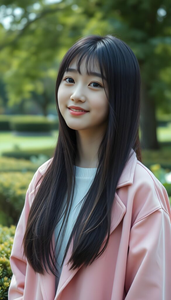 A full body photo from a young cute Korean girl with silky, straight black hair and brown highlights; her long hair falls straight down, round face. She has beautiful, large, dark eyes, a small, snub nose, and thin lips. She looks cheerful and very happy. She is wearing a pink plain open coat, underwear a white sweater. Slightly view from the side. Cute. 4k, realistic rendering. She stands alone in a sunny green park, green shrubs and trees, a green meadow.