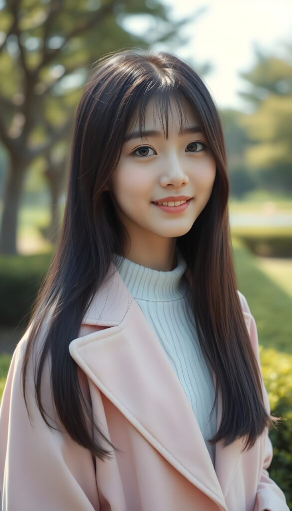 A full body photo from a young cute Korean girl with silky, straight black hair and brown highlights; her long hair falls straight down, round face. She has beautiful, large, dark eyes, a small, snub nose, and thin lips. She looks cheerful and very happy. She is wearing a pink plain open coat, underwear a white sweater. Slightly view from the side. Cute. 4k, realistic rendering. She stands alone in a sunny green park, green shrubs and trees, a green meadow.
