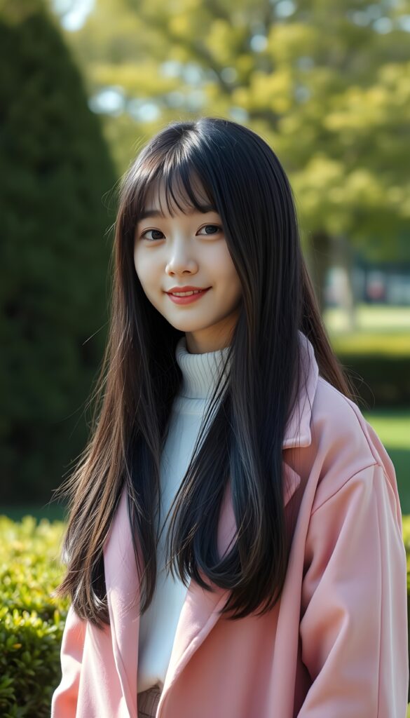 A full body photo from a young cute Korean girl with silky, straight black hair and brown highlights; her long hair falls straight down, round face. She has beautiful, large, dark eyes, a small, snub nose, and thin lips. She looks cheerful and very happy. She is wearing a pink plain open coat, underwear a white sweater. Slightly view from the side. Cute. 4k, realistic rendering. She stands alone in a sunny green park, green shrubs and trees, a green meadow.