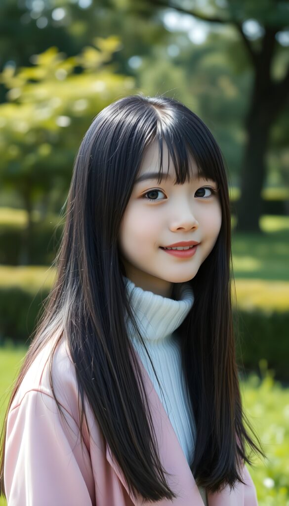A full body photo from a young cute Korean girl with silky, straight black hair and brown highlights; her long hair falls straight down, round face. She has beautiful, large, dark eyes, a small, snub nose, and thin lips. She looks cheerful and very happy. She is wearing a pink plain open coat, underwear a white sweater. Slightly view from the side. Cute. 4k, realistic rendering. She stands alone in a sunny green park, green shrubs and trees, a green meadow.