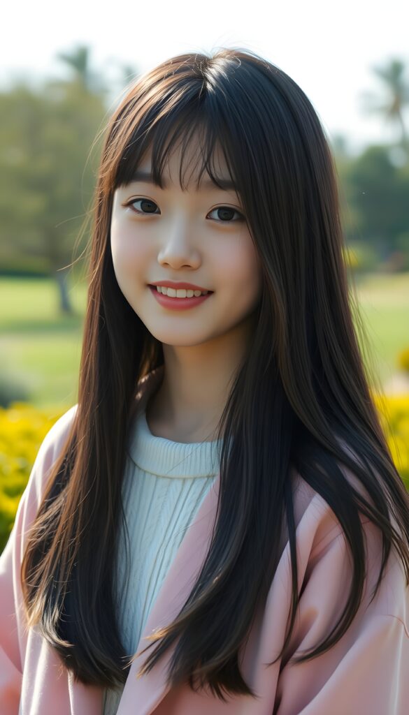 A full body photo from a young cute Korean girl with silky, straight black hair and brown highlights; her long hair falls straight down, round face. She has beautiful, large, dark eyes, a small, snub nose, and thin lips. She looks cheerful and very happy. She is wearing a pink plain open coat, underwear a white sweater. Slightly view from the side. Cute. 4k, realistic rendering. She stands alone in a sunny green park, green shrubs and trees, a green meadow.