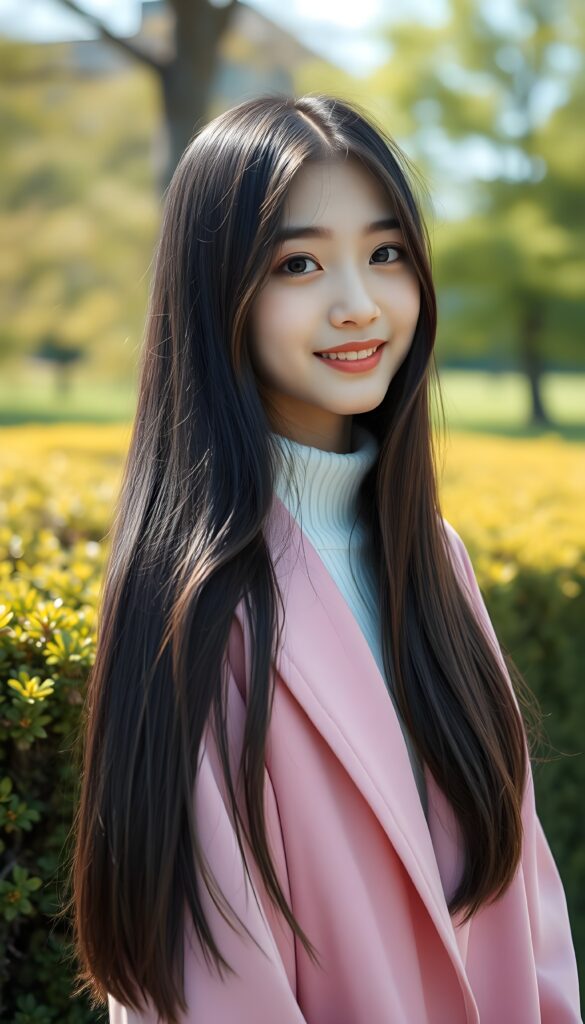 A full body photo from a young cute Korean girl with silky, straight black hair and brown highlights; her long hair falls straight down, round face. She has beautiful, large, dark eyes, a small, snub nose, and thin lips. She looks cheerful and very happy. She is wearing a pink plain open coat, underwear a white sweater. Slightly view from the side. Cute. 4k, realistic rendering. She stands alone in a sunny green park, green shrubs and trees, a green meadow.