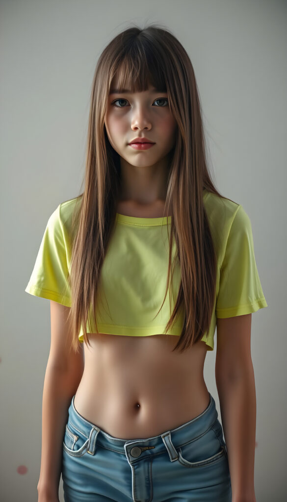 A full-body shot of an adult teen girl with long, jet straight brown hair cascading down her shoulders. She wears a stylish, neon-green cropped T-shirt paired with denim shorts that reach her knees. Her flawless, porcelain skin is illuminated by a soft, natural light, casting gentle shadows and highlighting her youthful radiance. The background is a stark white, adorned with subtle, abstract patterns in pastel hues, adding a touch of whimsy. The scene is vibrant, with a subtle bokeh effect enhancing the depth and focus on the subject, creating a dreamy, ethereal atmosphere, you can see her belly button