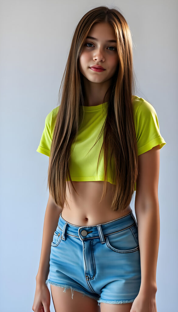 A full-body shot of an adult teen girl with long, jet straight brown hair cascading down her shoulders. She wears a stylish, neon-green cropped T-shirt paired with denim shorts that reach her knees. Her flawless, porcelain skin is illuminated by a soft, natural light, casting gentle shadows and highlighting her youthful radiance. The background is a stark white, adorned with subtle, abstract patterns in pastel hues, adding a touch of whimsy. The scene is vibrant, with a subtle bokeh effect enhancing the depth and focus on the subject, creating a dreamy, ethereal atmosphere, you can see her belly button