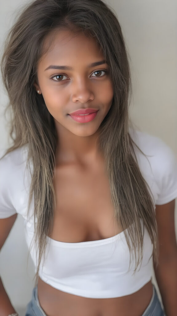 A (full upper body portrait) of a (((beautiful young girl))), aged 23, with (richly brown skin) and (long, softly flowing hair) that gives off a (brightly joyful glow). Her face is as flawless as it is beautiful, framed by natural, soft pink lips and a natural nose that complements her face perfectly. She wears a (bright red lipstick) that accentuates her lips. Her cheeks are slightly rosy. She wears a (low-cut, tight, white T-shirt) that clings to her body like a second skin. She wears (short, tight denim jean shorts) that highlight her perfect legs. And she wears (bracelet jewelry) that complements her delicate wrists. Her hair is (intricate details) that frame her face perfectly. She has (no tattoos) and wears (natural, bright colors) that bring out her youthful features.