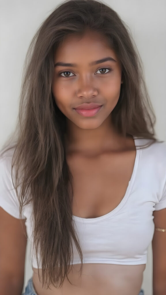 A (full upper body portrait) of a (((beautiful young girl))), aged 23, with (richly brown skin) and (long, softly flowing hair) that gives off a (brightly joyful glow). Her face is as flawless as it is beautiful, framed by natural, soft pink lips and a natural nose that complements her face perfectly. She wears a (bright red lipstick) that accentuates her lips. Her cheeks are slightly rosy. She wears a (low-cut, tight, white T-shirt) that clings to her body like a second skin. She wears (short, tight denim jean shorts) that highlight her perfect legs. And she wears (bracelet jewelry) that complements her delicate wrists. Her hair is (intricate details) that frame her face perfectly. She has (no tattoos) and wears (natural, bright colors) that bring out her youthful features.
