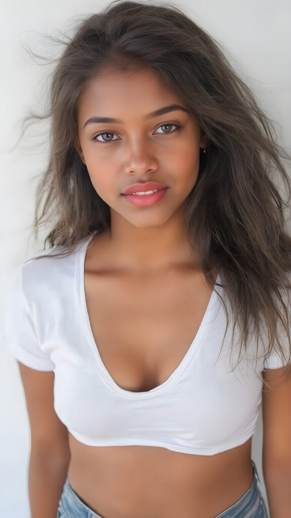 A (full upper body portrait) of a (((beautiful young girl))), aged 23, with (richly brown skin) and (long, softly flowing hair) that gives off a (brightly joyful glow). Her face is as flawless as it is beautiful, framed by natural, soft pink lips and a natural nose that complements her face perfectly. She wears a (bright red lipstick) that accentuates her lips. Her cheeks are slightly rosy. She wears a (low-cut, tight, white T-shirt) that clings to her body like a second skin. She wears (short, tight denim jean shorts) that highlight her perfect legs. And she wears (bracelet jewelry) that complements her delicate wrists. Her hair is (intricate details) that frame her face perfectly. She has (no tattoos) and wears (natural, bright colors) that bring out her youthful features.