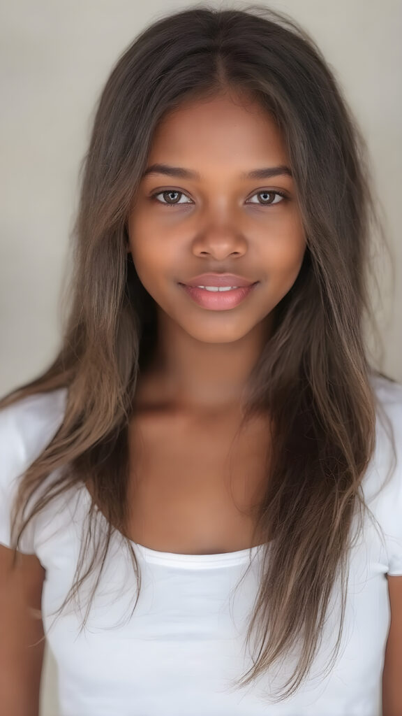 A (full upper body portrait) of a (((beautiful young girl))), aged 23, with (richly brown skin) and (long, softly flowing hair) that gives off a (brightly joyful glow). Her face is as flawless as it is beautiful, framed by natural, soft pink lips and a natural nose that complements her face perfectly. She wears a (bright red lipstick) that accentuates her lips. Her cheeks are slightly rosy. She wears a (low-cut, tight, white T-shirt) that clings to her body like a second skin. She wears (short, tight denim jean shorts) that highlight her perfect legs. And she wears (bracelet jewelry) that complements her delicate wrists. Her hair is (intricate details) that frame her face perfectly. She has (no tattoos) and wears (natural, bright colors) that bring out her youthful features.