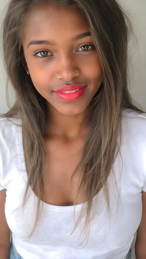 A (full upper body portrait) of a (((beautiful young girl))), aged 23, with (richly brown skin) and (long, softly flowing hair) that gives off a (brightly joyful glow). Her face is as flawless as it is beautiful, framed by natural, soft pink lips and a natural nose that complements her face perfectly. She wears a (bright red lipstick) that accentuates her lips. Her cheeks are slightly rosy. She wears a (low-cut, tight, white T-shirt) that clings to her body like a second skin. She wears (short, tight denim jean shorts) that highlight her perfect legs. And she wears (bracelet jewelry) that complements her delicate wrists. Her hair is (intricate details) that frame her face perfectly. She has (no tattoos) and wears (natural, bright colors) that bring out her youthful features.