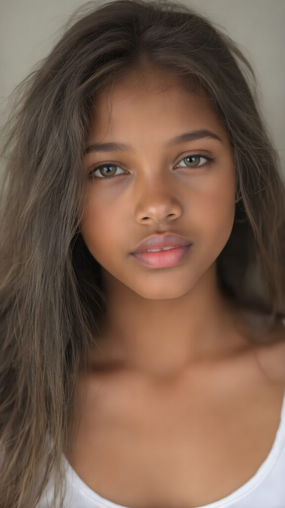 A (full upper body portrait) of a (((beautiful young girl))), aged 23, with (richly brown skin) and (long, softly flowing hair) that gives off a (brightly joyful glow). Her face is as flawless as it is beautiful, framed by natural, soft pink lips and a natural nose that complements her face perfectly. She wears a (bright red lipstick) that accentuates her lips. Her cheeks are slightly rosy. She wears a (low-cut, tight, white T-shirt) that clings to her body like a second skin. She wears (short, tight denim jean shorts) that highlight her perfect legs. And she wears (bracelet jewelry) that complements her delicate wrists. Her hair is (intricate details) that frame her face perfectly. She has (no tattoos) and wears (natural, bright colors) that bring out her youthful features.