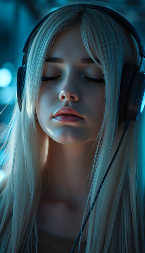 A futuristic techno girl wears headphones. Her eyes are closed and she is listening to music. Peaceful face. Long, white hair falls over her upper body and is the same length on the right and left.