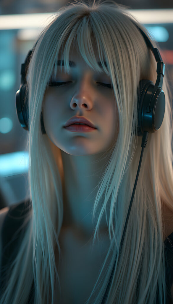 A futuristic techno girl wears headphones. Her eyes are closed and she is listening to music. Peaceful face. Long, white hair falls over her upper body and is the same length on the right and left.