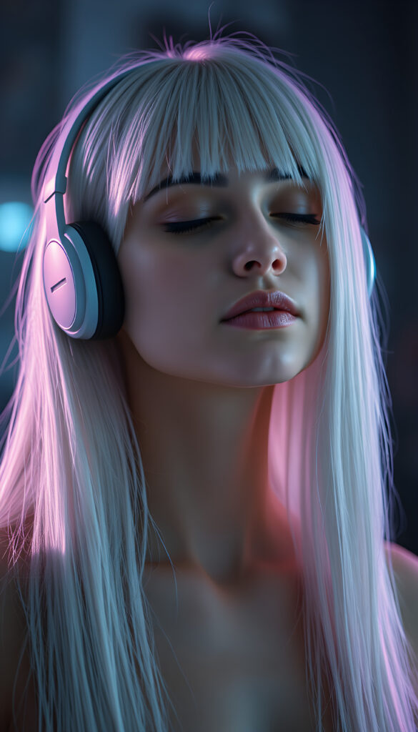 A futuristic techno girl wears headphones. Her eyes are closed and she is listening to music. Peaceful face. Long, white hair falls over her upper body and is the same length on the right and left.