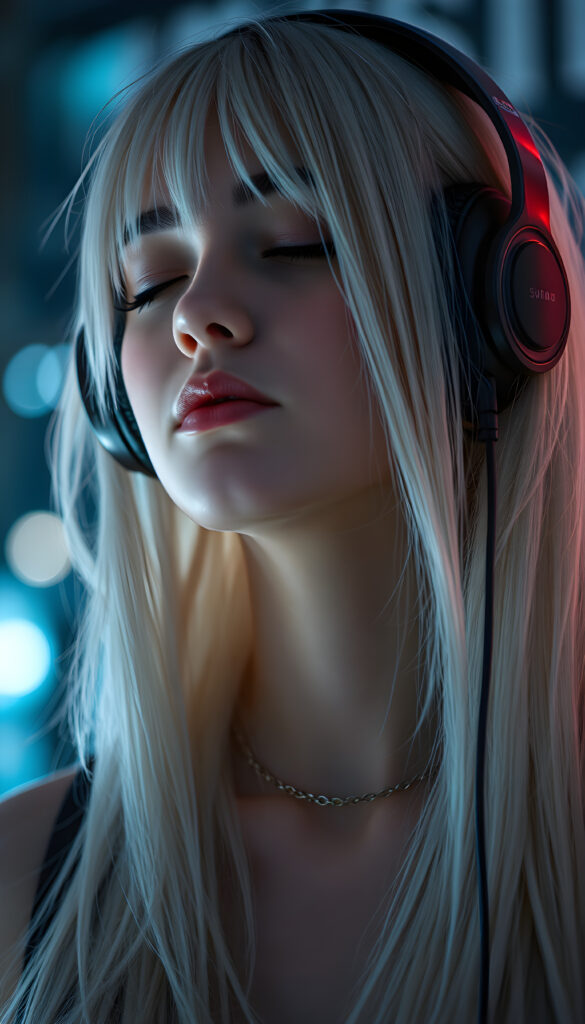 A futuristic techno girl wears headphones. Her eyes are closed and she is listening to music. Peaceful face. Long, white hair falls over her upper body and is the same length on the right and left.
