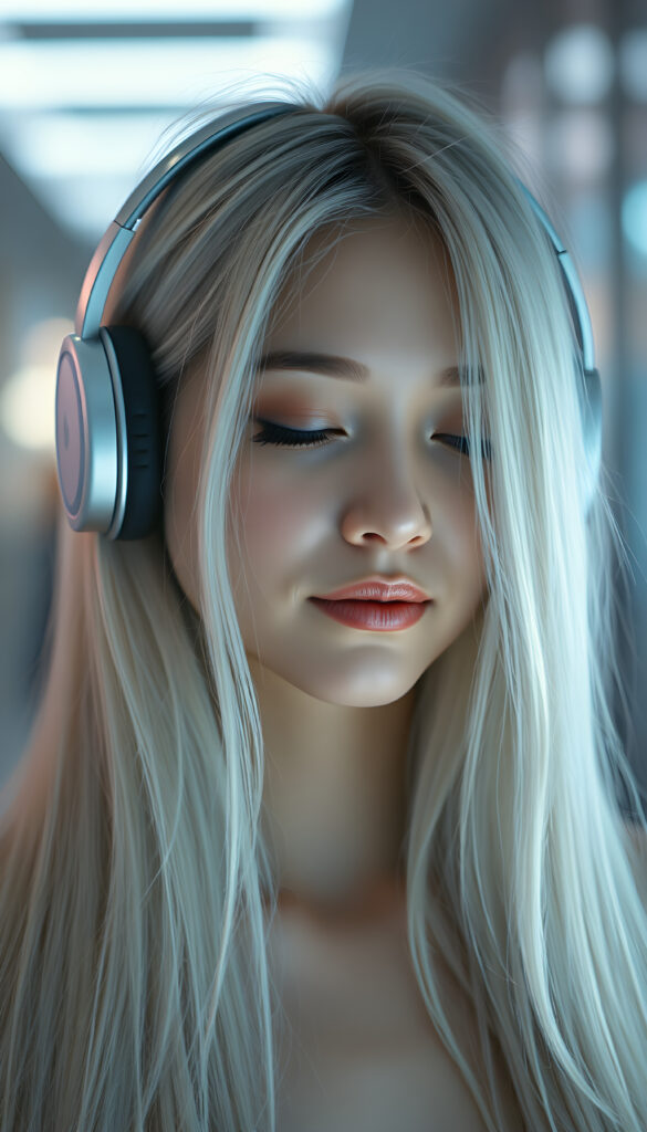 A futuristic techno girl wears headphones. Her eyes are closed and she is listening to music. Peaceful face. Long, white hair falls over her upper body and is the same length on the right and left.