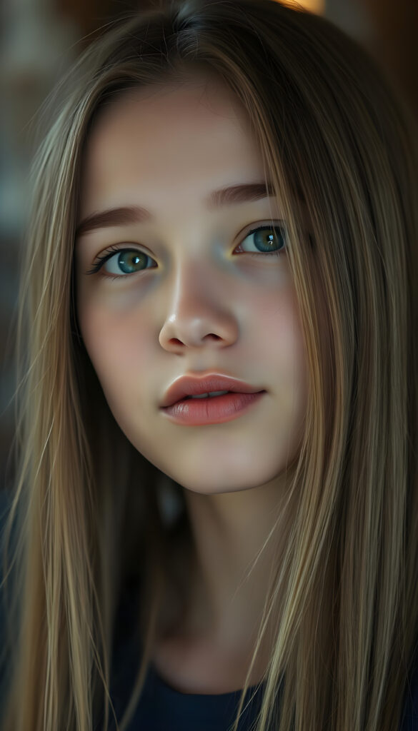 A gentle girl with delicate, long, straight hair, her head slightly tilted, her eyes sparkling like sapphires, her lips a soft rosy hue, her face perfectly symmetrical, gazing warmly at the viewer